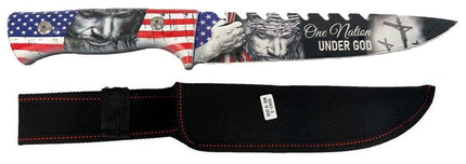 One Nation Under God Fixed Blade Knife – Full Tang Hunting Knife with American Flag and Jesus Artwork – Includes Nylon Sheath