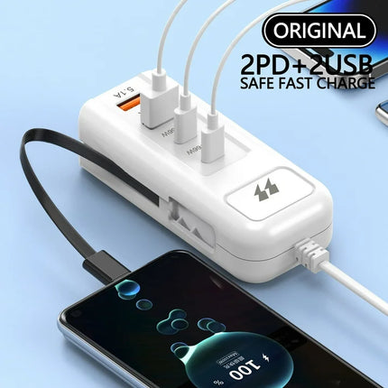 Multi Functional Charger With 2 PD Ports And 2 USB Ports For Fast Charging Suitable For IOS And Android Devices