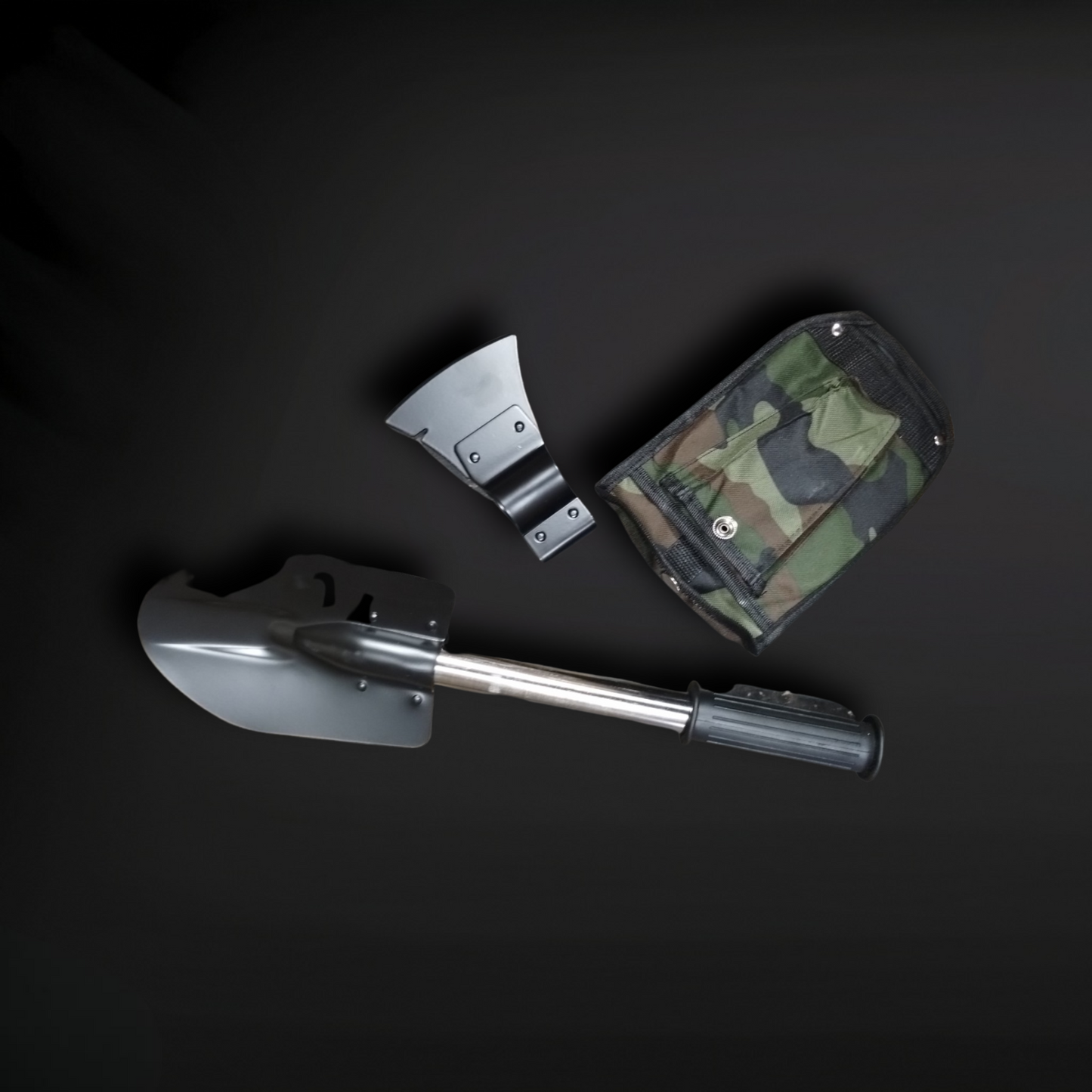Camping Shovel featuring an Interchangeable Axe Head and Camo Cover. - Zack Wholesale