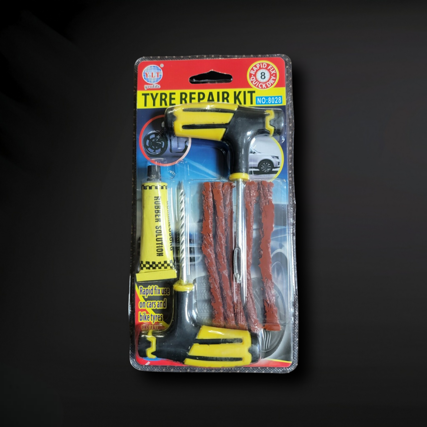 8028 4-Piece Tire Repair Kit (4 Plugs, Rasp, Plug Insertion Tool, Rubber Cement) - Zack Wholesale