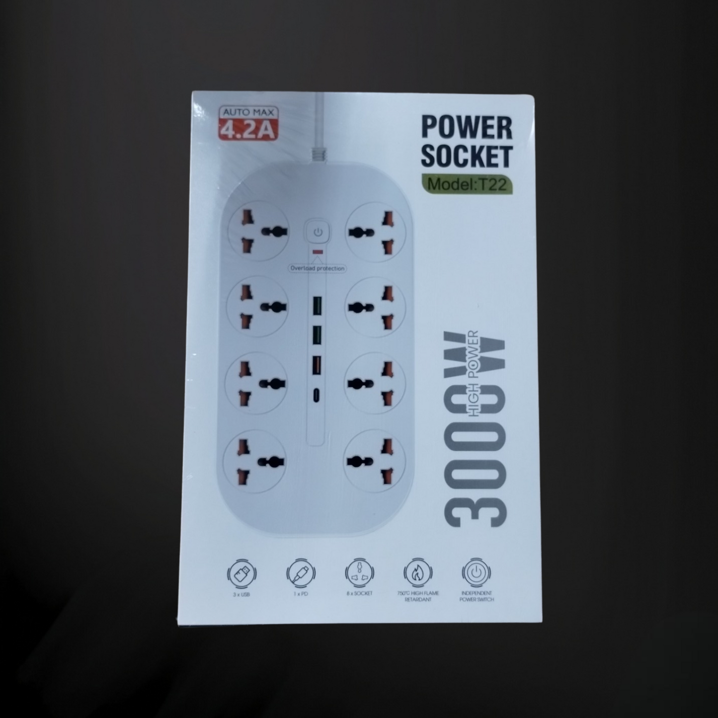 High Power 3000-Watt Extension with 8 Sockets, USB Ports, and Type C | Safety Meets Versatility