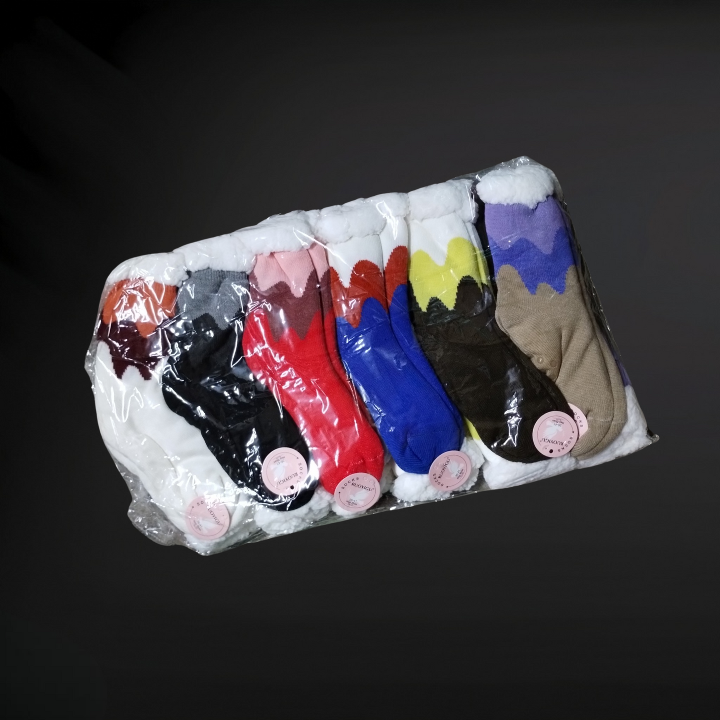Sherpa Fur Lined Slipper Socks - 1 Dozen Quantity, Assorted Colors/Designs