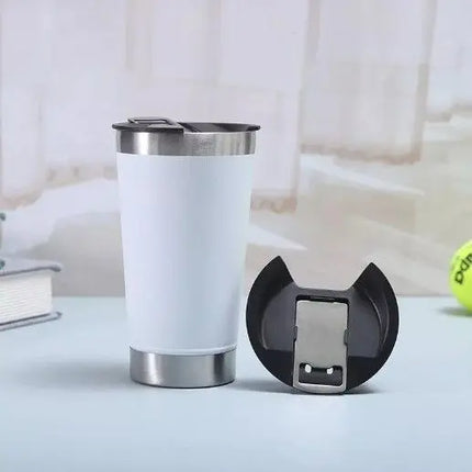 16 oz Stainless Steel Insulated Tumbler with Sliding Lid – Double Wall Vacuum Travel Mug with Bottle Opener Lid – Hot & Cold Drink Cup for Camping, Office, and Everyday Use