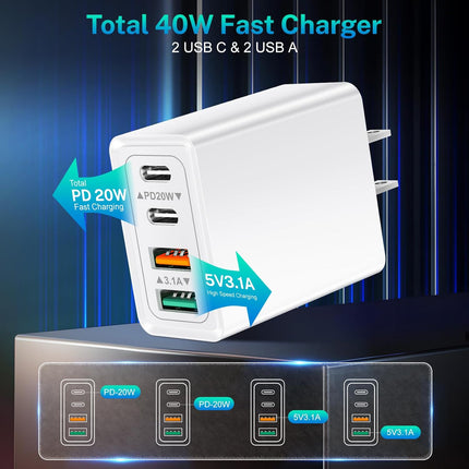 40W USB Wall Charger – Fast Charging Block with Dual PD 20W & QC 3.0 Ports