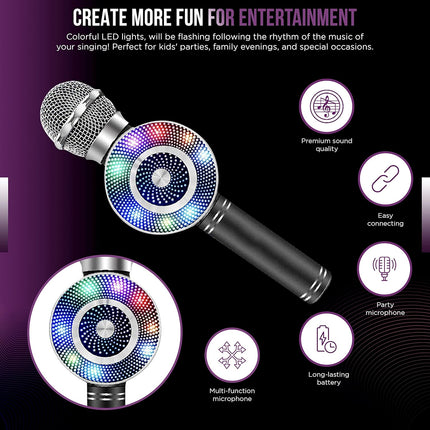 Wireless Bluetooth Karaoke Microphone with LED Lights – Kids & Adults Portable Mic with Speaker, Recorder, and Colorful Sound Effects