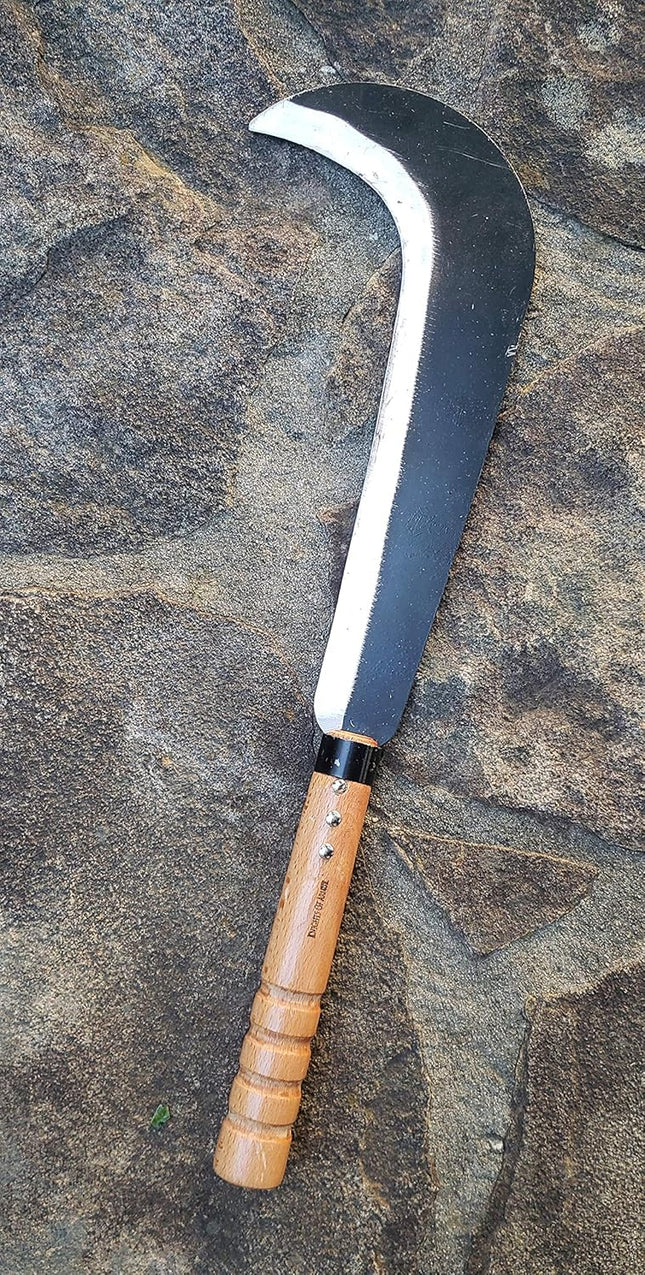 Curved Blade Brush Clearing Machete – Handheld Sickle Knife with Wooden Handle for Agriculture, Gardening, and Weed Removal