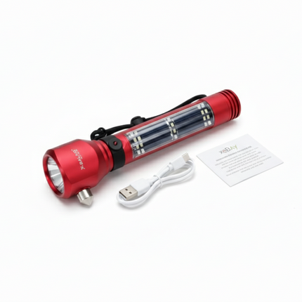 Multi-Functional Flashlight with Seat Belt Cutter, Solar Charging, Alarm, Window Breaker, etc