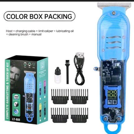 Professional Cordless Hair Clipper Set – Transparent Skeleton Design with LED Display & 4 Guide Combs for Men’s Grooming