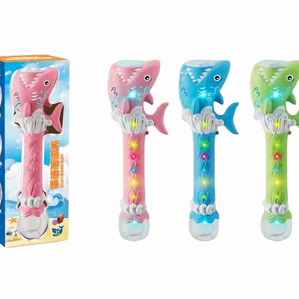 LED Shark Bubble Wand Toy for Kids – Light-Up Automatic Bubble Blower with Sound Effects – Pink, Blue, Green