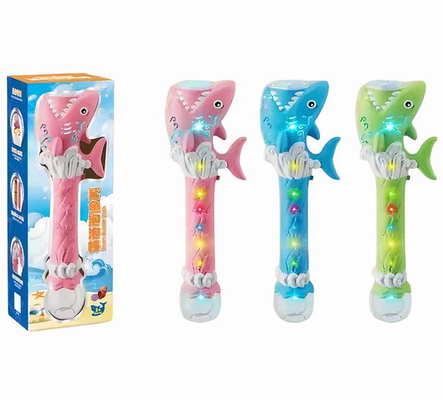 LED Shark Bubble Wand Toy for Kids – Light-Up Automatic Bubble Blower with Sound Effects – Pink, Blue, Green